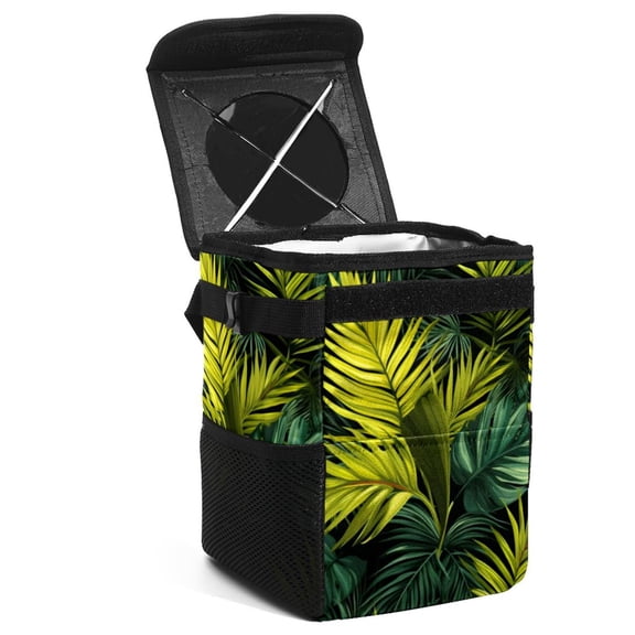Tropical Jungle Palm Leaves Foldable Mini Trash Can with Lid - Leak-Proof Car Garbage Can for Hanging Storage Bag