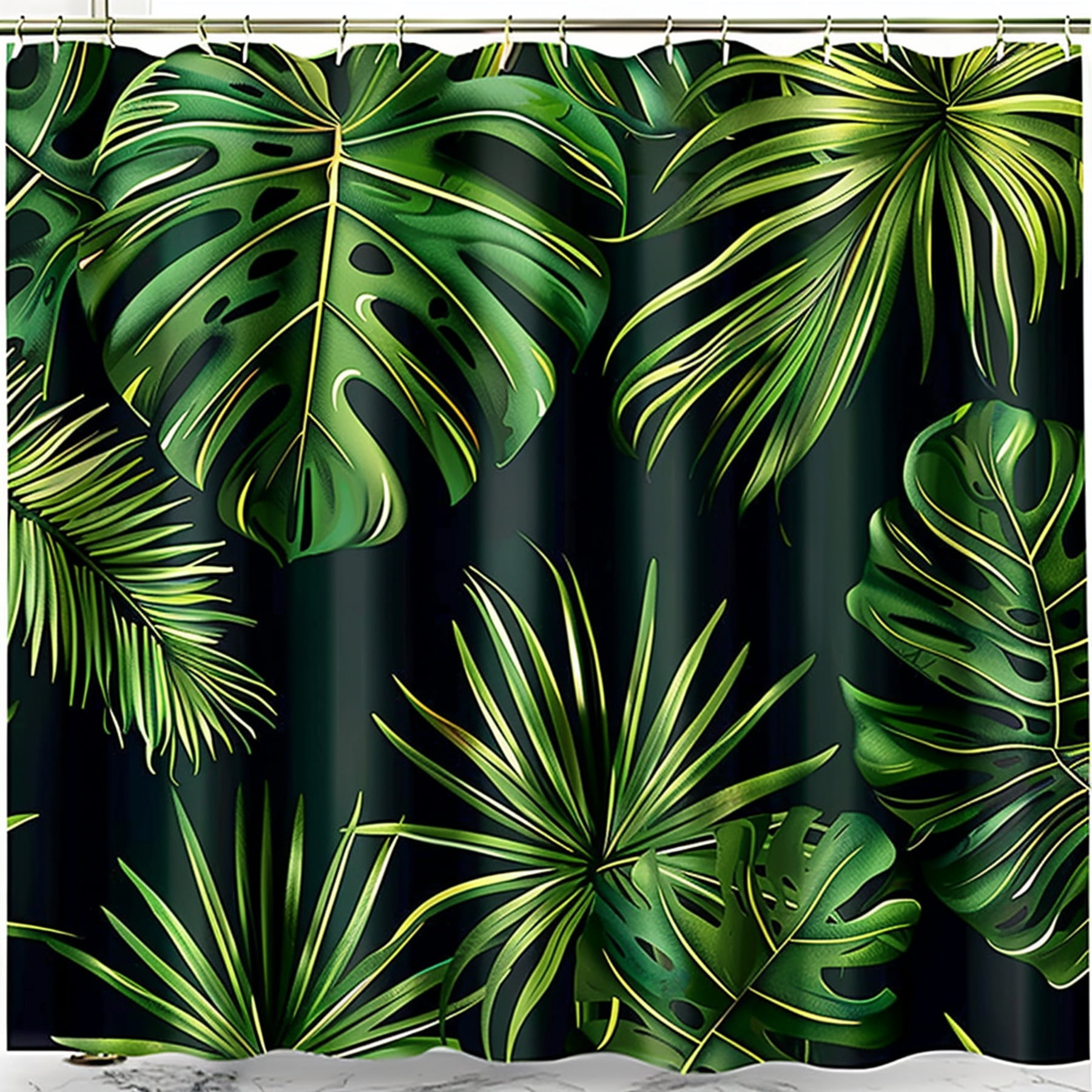 Tropical Jungle Palm Leaves Shower Curtain Set Dark Background High
