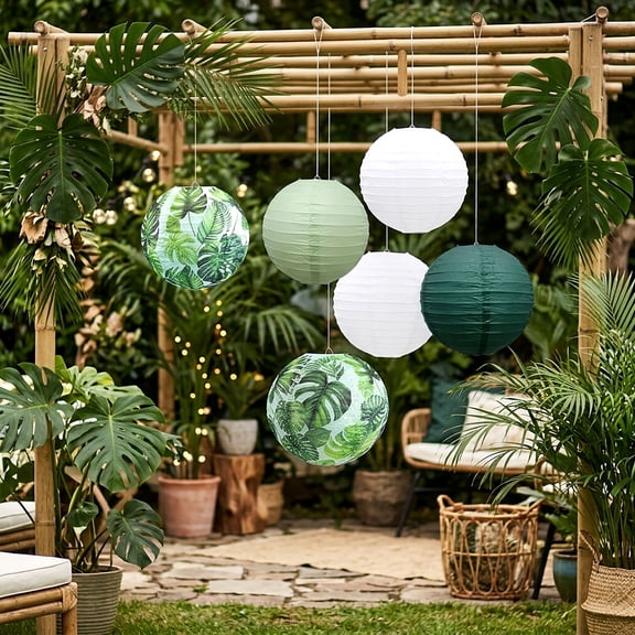 Tropical Jungle Party Decorations - 5-Piece Vibrant Hanging Lanterns Set for Fresh Natural Vibe