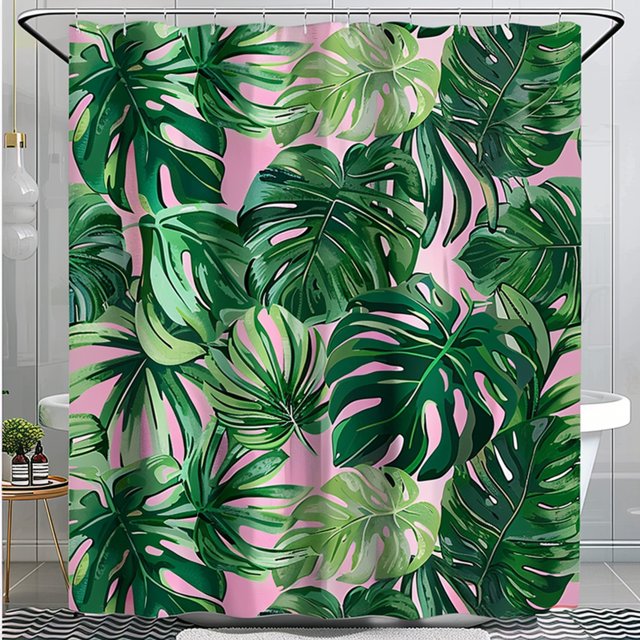 Tropical Jungle Print Shower Curtain Green and Pink Monstera Leaves