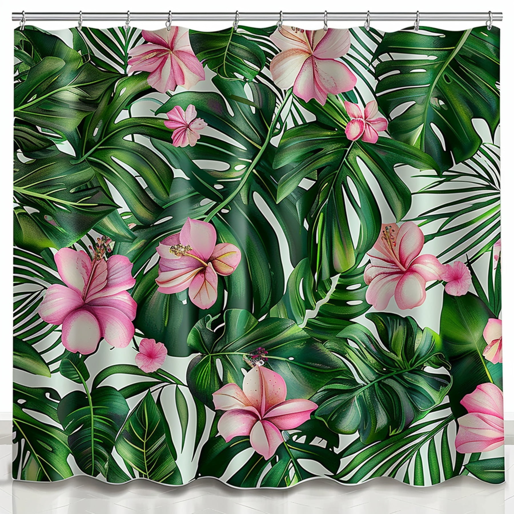 Tropical Jungle Print Shower Curtain with Monstera Palm Trees & Pink