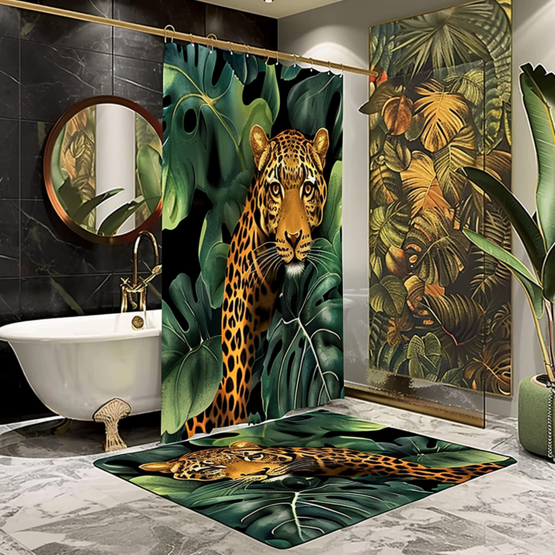 Tropical Jungle Rainforest Leopard Shower Curtain Set Nature Print