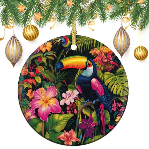 Tropical Jungle Scene Flowers Leaves Birds Christmas Ornament Tropical Leaves Flowers Bird Customized Round Ceramic Ornament Collectible Present Gift Xmas Tree Decoration for Family Friend