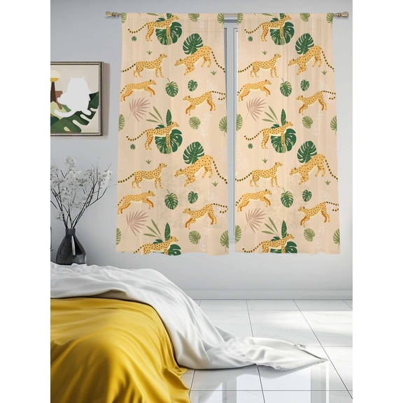 Tropical Jungle Seamless Leopard Sheer Curtains 2 Panels Set Palm Leaves Texture on Beige Lihgt Filtering Rod Pocket Voile Drape,Semi Sheer Window Curtains for Bedroom Living Room,52"x63"
