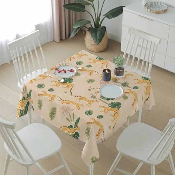 Tropical Jungle Seamless Leopard Table Cloth 54x54in, Waterproof Square Tablecloth Wipeable Tablecloths Palm Leaves Texture on Beige Table Covers for Dining Tables Party Indoor Outdoor