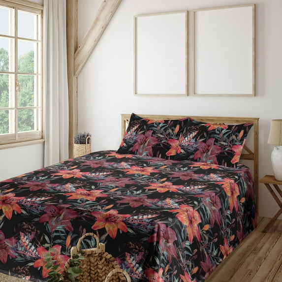 Ambesonne Tropical Jungle Fitted & Flat Sheet with Shams 4 Pcs Set, Night Tiger Pattern, Calking, Charcoal Grey and Vermilion