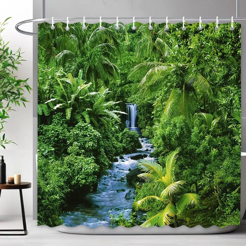 Tropical Jungle Shower Curtain Rainforest Plant Waterfall Spring ...