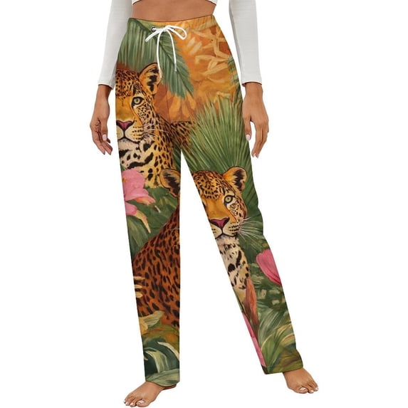 Tropical Jungle Two Jaguars Flowers Winter Female Pants Flannel High Waist Women Pants Lady Warm Straight Leg Plush Trousers