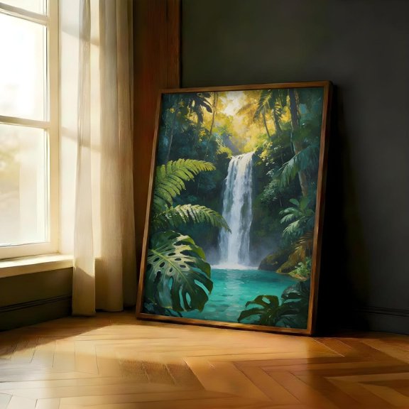 Tropical Jungle Waterfall Lush Green Monstera Rainforest Home Decor Serene Lagoon