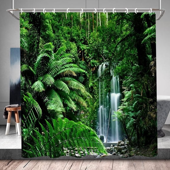 Tropical Jungle Waterfall Scenic Shower Curtain - Forest Landscape Summer Nature Theme, Polyester Fabric, Includes Hooks, 70W x 70H Inch, Ideal for Creating a Relaxing Rainforest Atmosphere