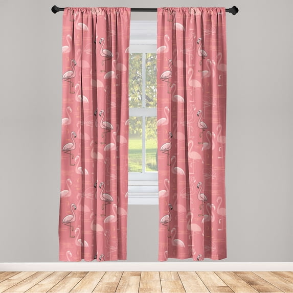 Tropical Jungle Window Curtains, Cartoon Design Flamingo Pattern With Linear Silhouette Boho Art, Lightweight Decor 2-Panel Set with Rod Pocket, Pair of - 28"x84", Pastel Pink Pale Pink, by Ambesonne