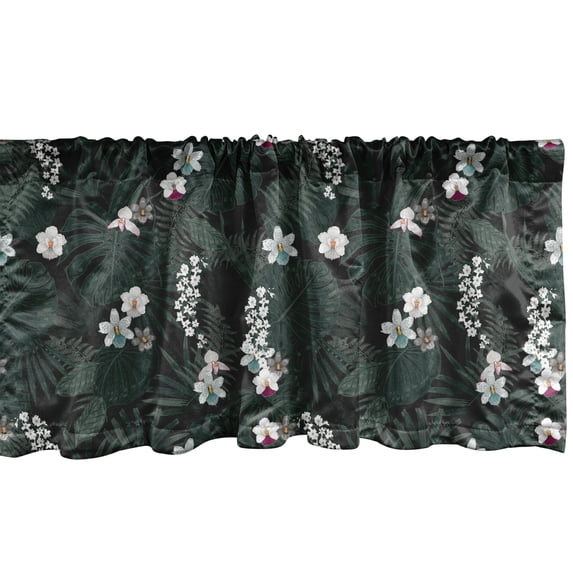 Tropical Jungle Window Valance, Floral Boho Pattern With Palm Tree Leaves Greenery on Dark Back, Curtain Valance for Kitchen Bedroom with Rod Pocket, 54" X 18", Off White Forest Green, by Ambesonne