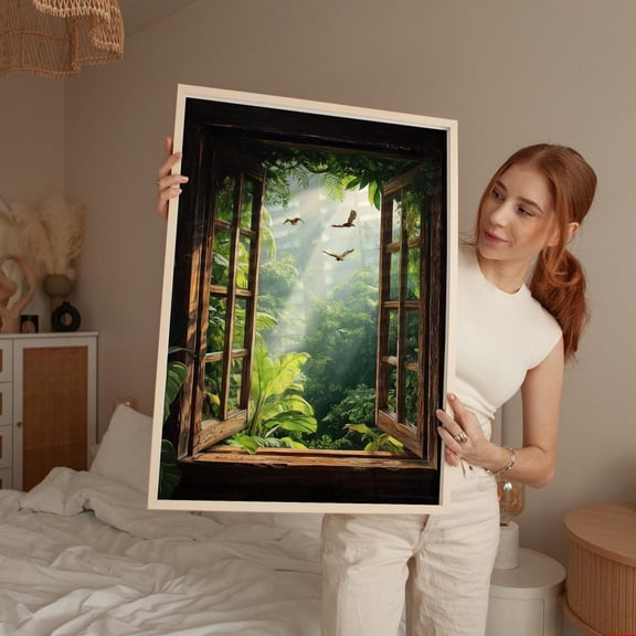 Tropical Jungle Window View Rainforest Nature Green Forest Birds Porch Display Unframed Paper Print