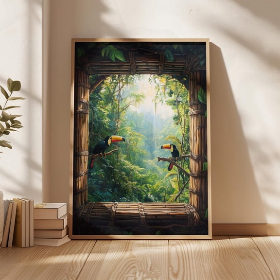 Tropical Jungle Window View Toucan Rainforest Nature Exotic Bird Porch Decor Unframed Paper Print