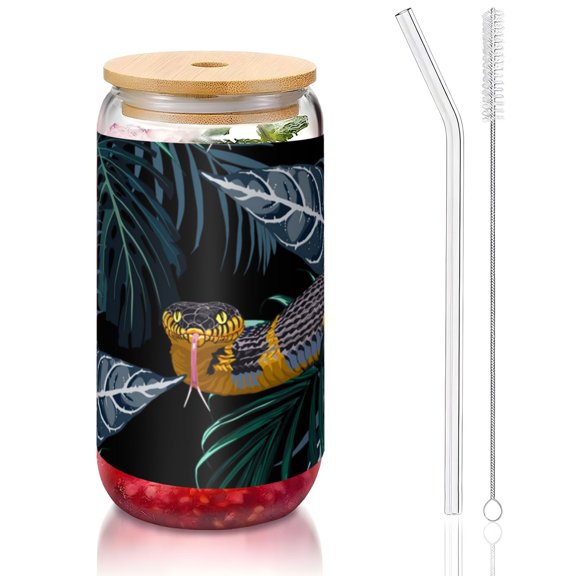Tropical Jungle Yellow Snake 16oz Can Shaped Glass Cup with Bamboo Lid Straw Brush, Reusable Iced Coffee Beer Can Glass Tumbler for Soda, Tea, Cocktails