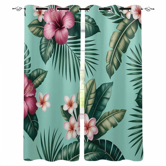 Tropical Kitchen Curtains Pink Floral Green Palm Leaf Aqua Watercolor Cafe Short Curtains for Bathroom Blackout Window Curtain Small Window Treatment Drapes for Bedroom Living Room 27.5"x39"x2