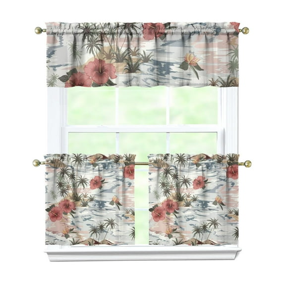 Tropical Kitchen Curtains Set with Aloha and Beach Vacation Theme, Hawaiian Paradise Rod Pocket Tier and Valance, Energy Efficient and Easy Maintenance