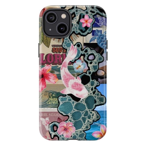 Tropical Koi Fish Phone Case, Aesthetic iPhone Case with Floral Collage Design, Soft Protective Phone Cover for iPhone 16, 15, 14, 13, 12, 11 Series Plus, Pro Max, Mini