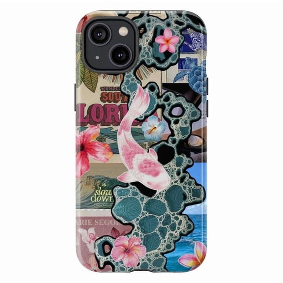 Tropical Koi Fish Phone Case, Aesthetic iPhone Case with Floral Collage Design, Soft Protective Phone Cover for iPhone 16, 15, 14, 13, 12, 11 Series Plus, Pro Max, Mini