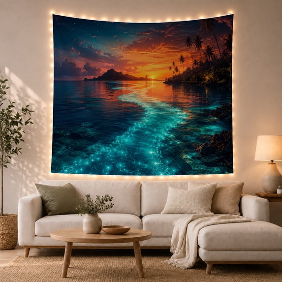Tropical Lagoon at Sunset with Glowing Water Path & Palm Trees, Dreamy Coastal for Beach Lovers, Coastal Art Print, Housewarming Gift Tapestry Wall Hanging for Bedroom and Living Room