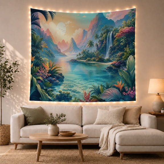 Tropical Lagoon with Waterfall and Mountains in Dreamy Boho Illustration for Nature Lovers, Wall Art Decor, Housewarming Gift, Tapestry Wall Hanging for Bedroom and Dorm
