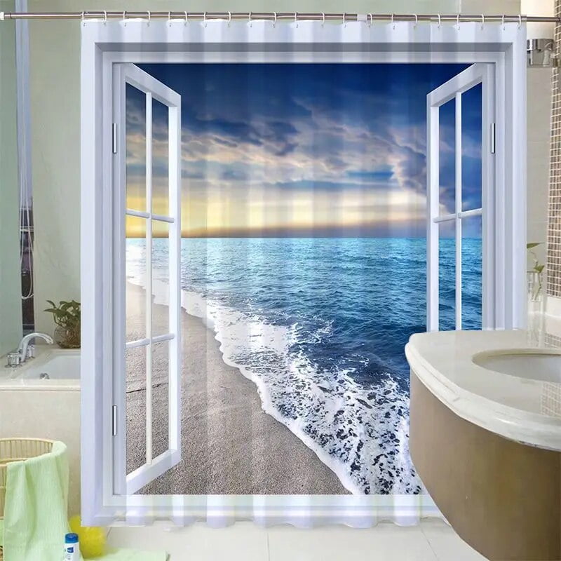 Tropical Landscape Shower Curtain 3d Open Window Ocean Beach Starshell