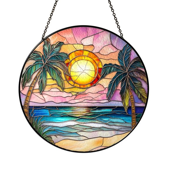Tropical Landscape Stained Glass Style Suncatcher – Window Hanging