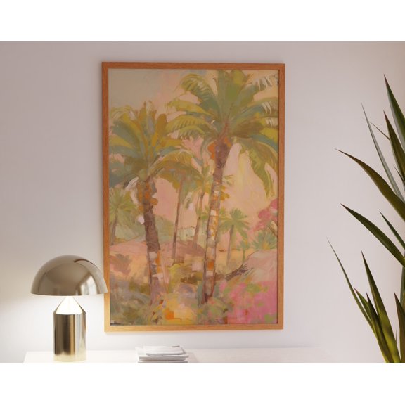 Tropical Landscape Wall Art, Palm Tree Sunset Drawing, Ocean Beach Decor, Trendy Pink Poster, Boho Summer Home Decor, Eclectic Art, 12x18 UNFRAMED