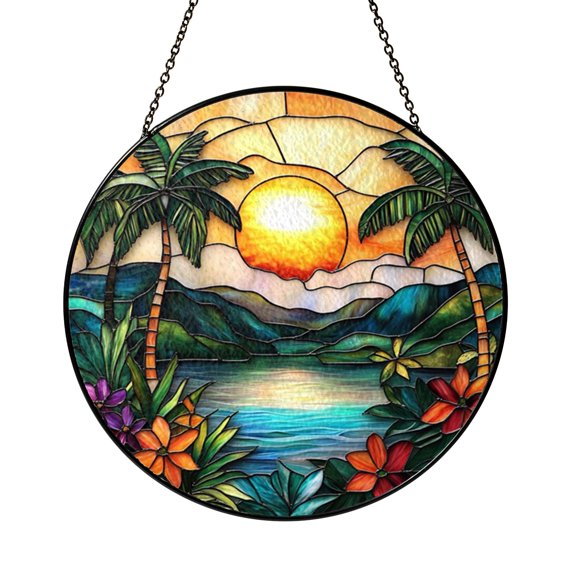 Tropical Landscape Window Suncatcher – Decorative Glass Style Floral Art