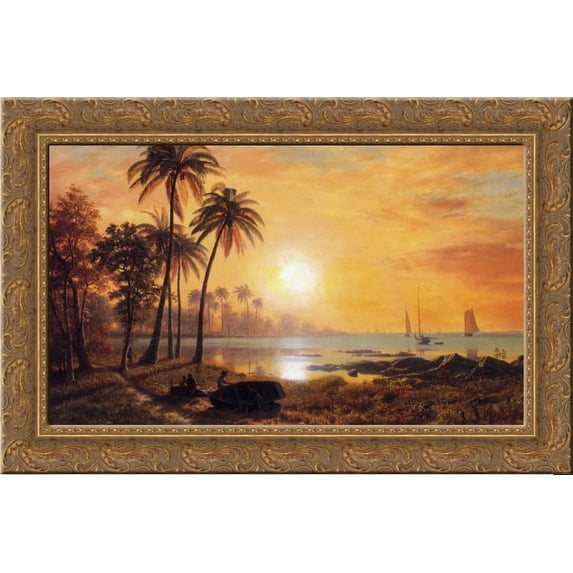 Tropical Landscape with Fishing Boats in Bay 24x18 Gold Ornate Wood Framed Canvas Art by Bierstadt, Albert