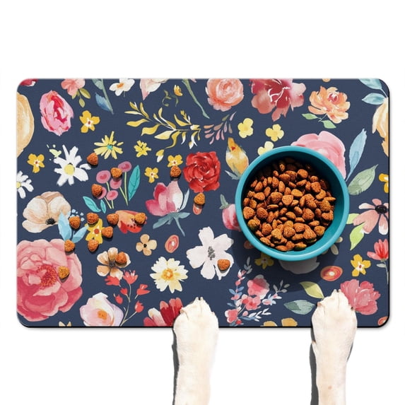 Tropical Large Floral Dog Bowl Mat - Pet Food Mat with Leaves and Flower Design, Absorbent & Non-Slip