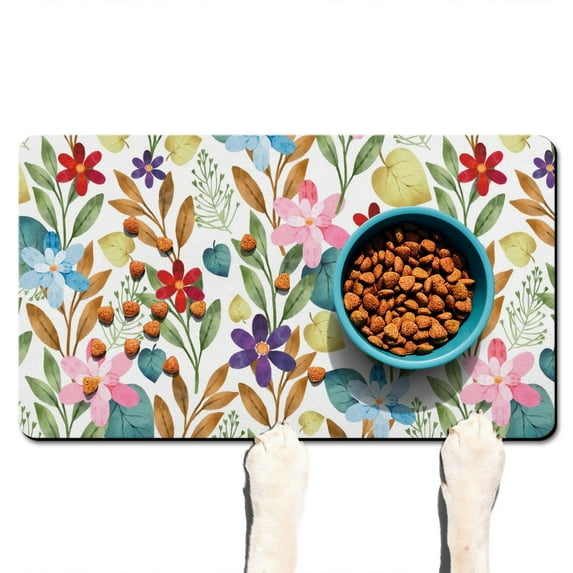 Tropical Large Floral Dog Bowl Mat - Pet Food Mat with Leaves and Flower Design, Absorbent & Non-Slip