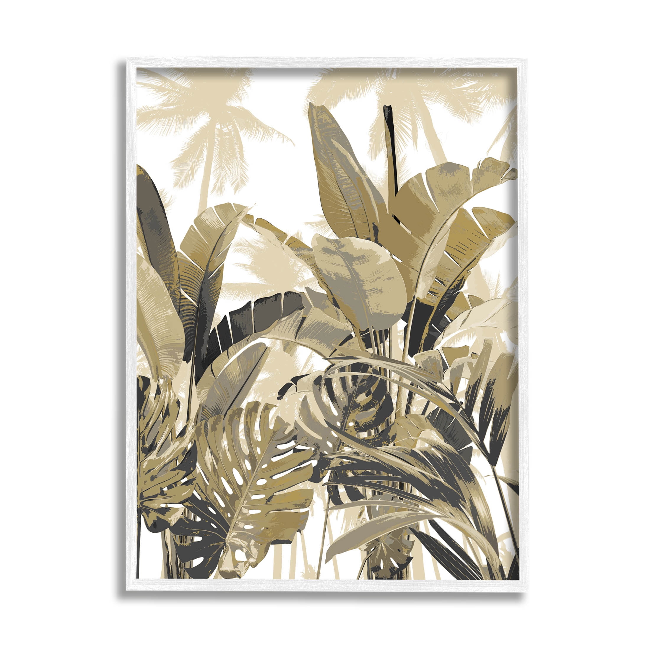 Tropical Green Palm Leaves Print on Canvas with White Frame