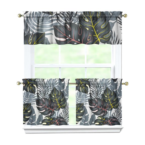 Tropical Leaf 3-Piece Caf Curtains - Hawaiian Floral Valance & Tier Panels for Small Windows