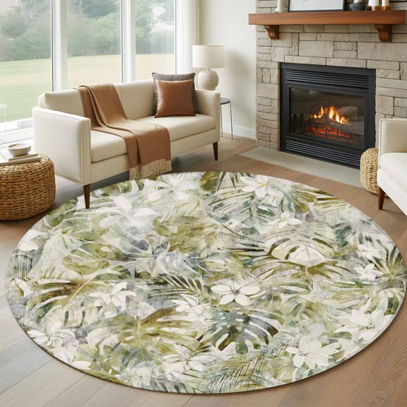 Tropical Leaf 8' Round Area Rug, Palm Leaves Plants Vintage Spring Green Washable Non-Slip Large Circle Rugs for Living Room Bedroom, Soft Low Pile Rug Carpet for Dining Room Kitchen Farmhouse