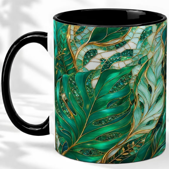 Tropical Leaf Accent Mug, 11oz Ceramic Coffee Cup for Plant Lovers