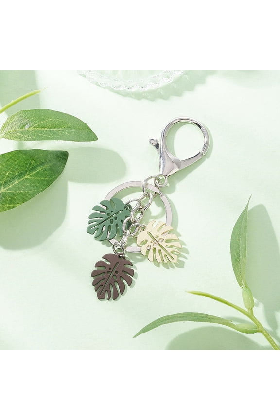 Tropical Leaf Baking Painted Alloy Pendant Keychains with Iron Key Rings and Alloy Lobster Claw Clasps Platinum & Golden 85mm