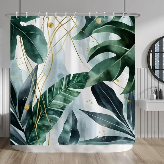 Tropical Leaf Bathroom Curtain Decor with Hooks for Bathroom Green Palm Monstera Leaves Botanical Summer Bathroom Curtains 72x72 Inch with Hooks Waterproof Shower Curtain for Bathtubs Hotel