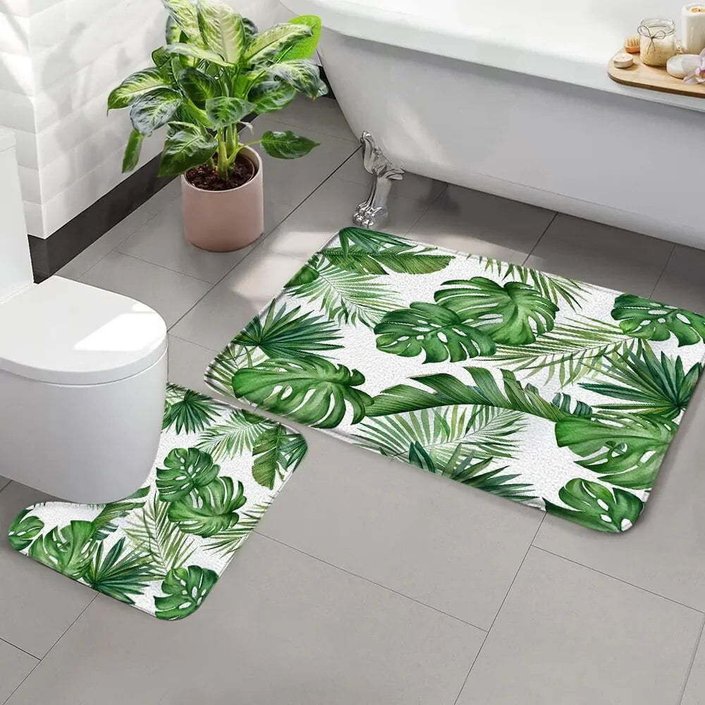 Tropical Leaf Bathroom Rug Green Palm Leaf Bath Mat Botanical Floral