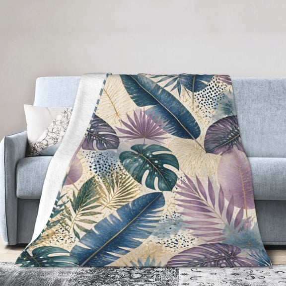 Tropical Leaf Blanket Gift Throw Blanket Blue Purple Palm Monstera Gift for Women Modern Home Decor 50x40