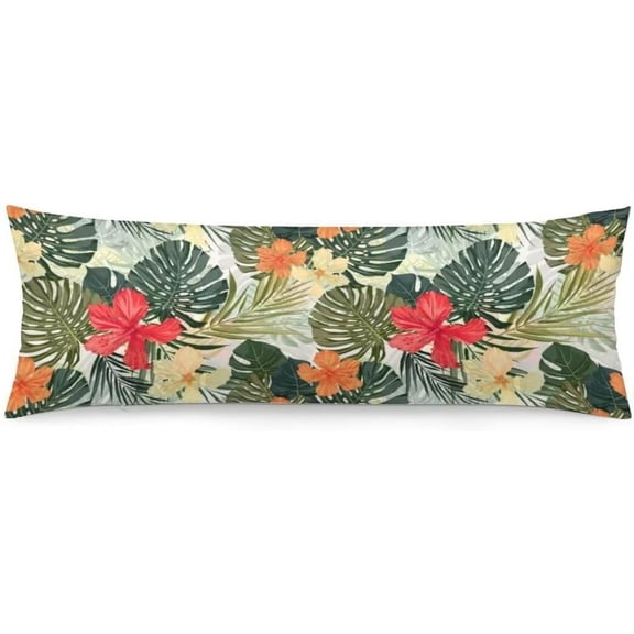 Tropical Leaf Body Pillow Cover Hibiscus Flowers Summer Colorful Hawaiian Tropical Plants Palm Leaf Long Pillow Case with Zipper Decorative Bedding Pillowcase Soft Cushion Pillow Case for Bed,20"x54"