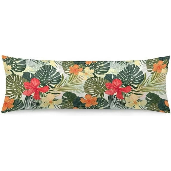 Tropical Leaf Body Pillow Cover Hibiscus Flowers Summer Colorful Hawaiian Tropical Plants Palm Leaf Long Pillow Case with Zipper Decorative Bedding Pillowcase Soft Cushion Pillow Case for Bed,20"x54"