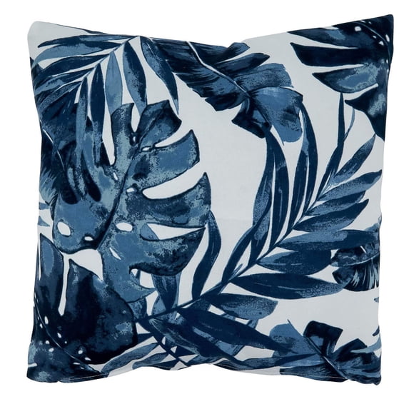 Tropical Leaf Design Outdoor Decorative Throw Pillow with Poly Filled Insert 17 x 17 Inch Navy Blue