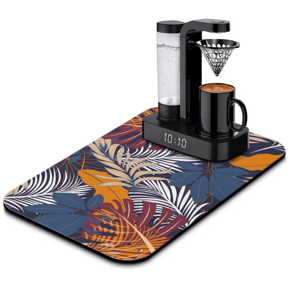 Tropical Leaf Diatom Mud Coffee Mat, Leak-Proof and Super Absorbent Kitchen Pad, Jungle Design Dish Drying Mat for Hawaiian Summer Style