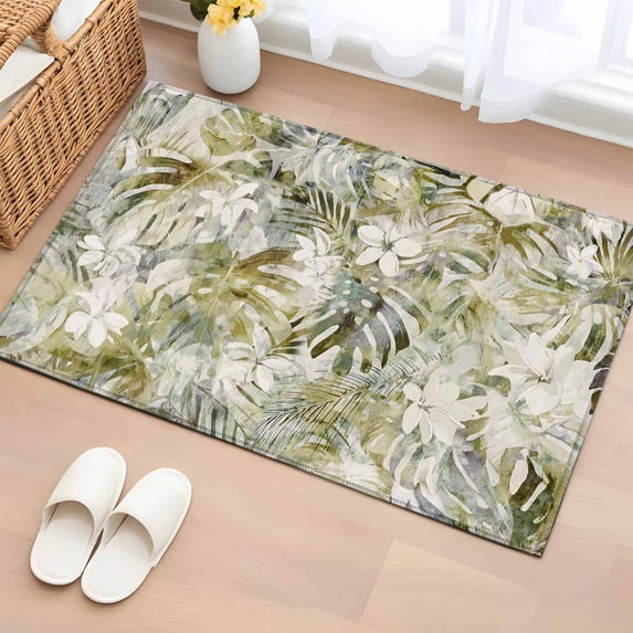 Tropical Leaf Entryway Rug 2'x3' Non Slip Front Door Mats, Palm Leaves Plants Vintage Spring Green Entrance Rugs Indoor Outdoor Carpet, Washable Floor Mats Small Area Rug for Bedroom Kitchen