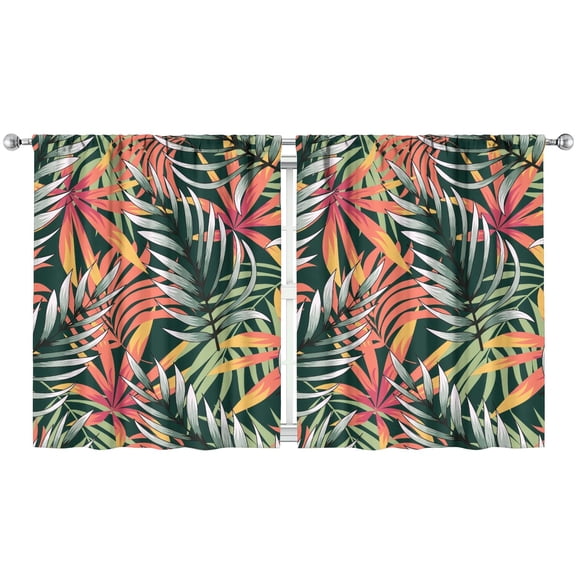 Tropical Leaf & Floral 2-Piece Kitchen Curtain Set, 52x63 Inch Semi-Sheer Hawaiian Aloha Print Rod Pocket Curtains for Small Windows