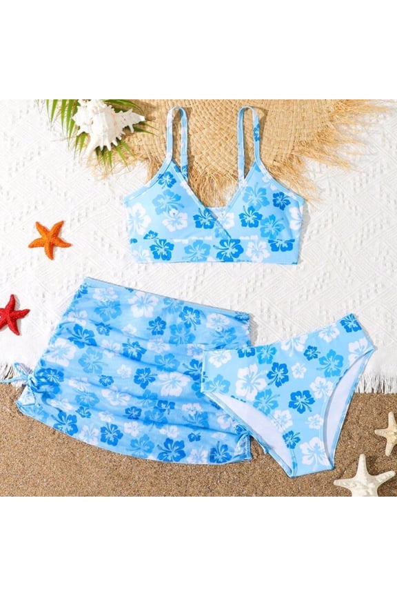 Tropical Leaf Flower Print Two Piece Bikini Set Classic Triangle Backless Summer Vacation Bathing Suit Girls