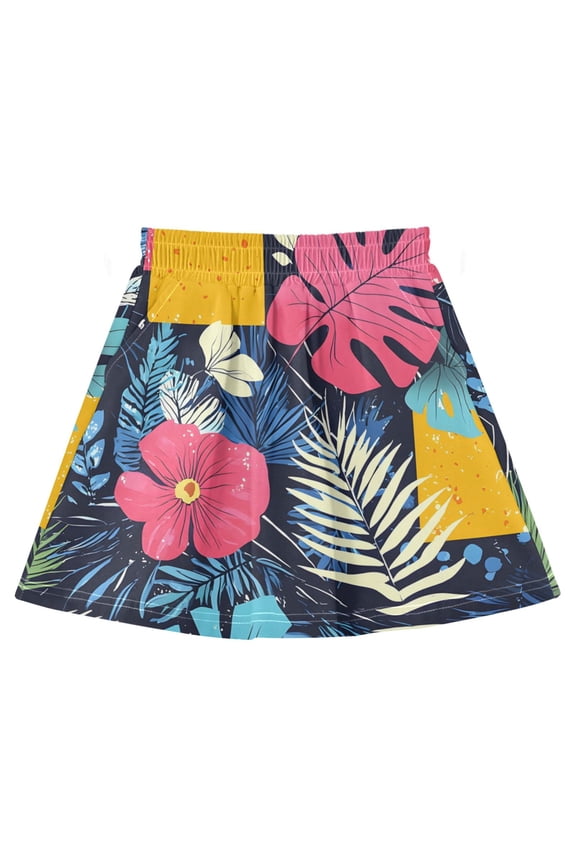 Tropical Leaf Flower Square Pattern Cotton Skirt Built-in Liner Elastic A-Line Flared Skirt with Pockets