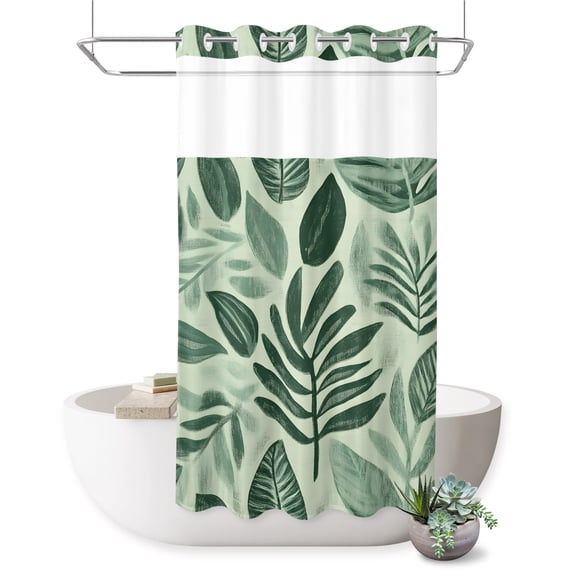 Tropical Leaf No Hook Shower Curtain Summer Moss Green Monstera Leaves Palm Fronds Rustic Shower Curtain with Mesh Top Window, Waterproof Washable Fabric Curtain for Bathroom Hotel Decor, 36Wx72L
