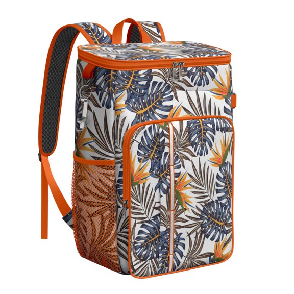 Tropical Leaf Insulated Cooler Backpack - 20L, Lightweight & Durable for Campers, Workers, Families